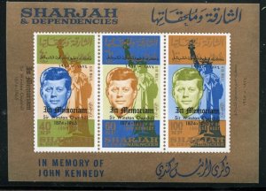 SHARJAH 1964 J.F. KENNEDY OVP'TD IN MEMORIAM W. CHURCHILL SOUVENIR SHEET MINT NH