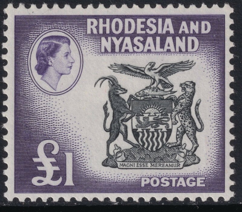 Sc# 171 Rhodesia & Nyasaland 1959-63 QE Coat of arms £1 issue MLMH $40.00 Stk#2