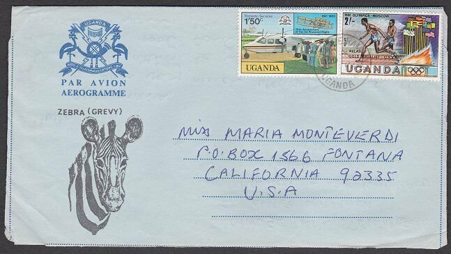 UGANDA 1981 Zebra formular aerogramme used to USA ex Kampala................M611