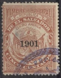 El Salvador municipal revenue (used, thin) 5c coat of arms (1899, ovptd 1901)