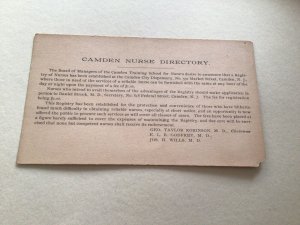 U. S. Camden Nurse Directory 1890 postal card 67111