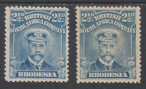 RHODESIA 1913 KGV ADMIRAL 21/2D 2 DIFFERENT SHADES PERF 14 