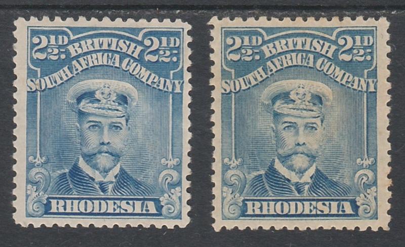 RHODESIA 1913 KGV ADMIRAL 21/2D 2 DIFFERENT SHADES PERF 14 