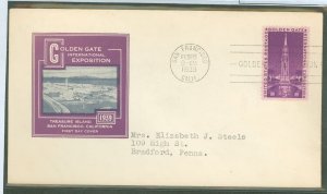 US 852 1939 3c Golden Gate International Expo (single) on an addressed (typed) FDC with an loor cachet
