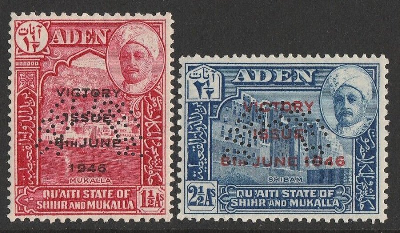 ADEN Shihr & Mukalla1946 Victory set ½a & 2½a, perf SPECIMEN. MNH **.