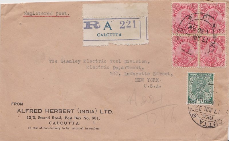 India 1/2a and 1 1/2a (4) KGV 1937 Calcutta G.P.O. Registered to New York, N....