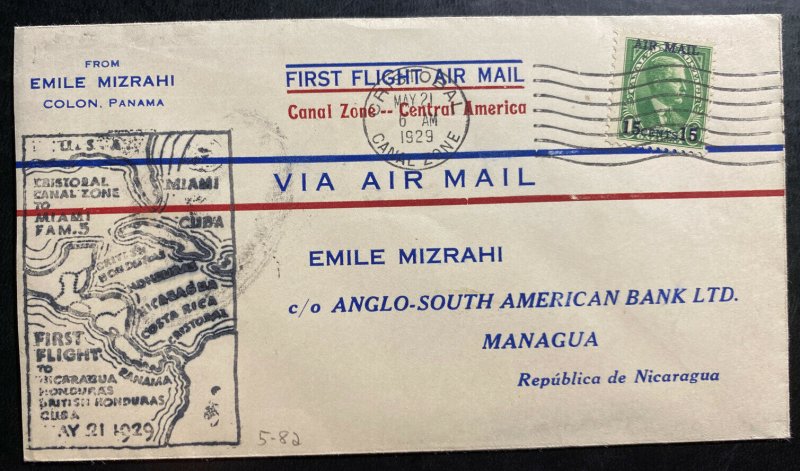 1929 Cristobal Canal Zone Panama First Fight Airmail Cover To Managua Nicaragua