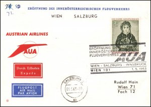 Austria Austrian Airlines Vienna to Paris 1963 1st Flight Cover