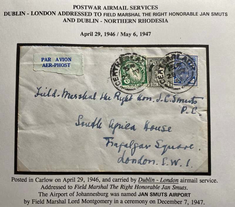 1946 Carlow Ireland Airmail Cover To Field Marshal Jan Smuts London England