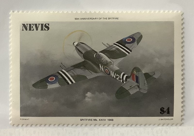 Nevis 1986 Scott 463 MH - $4, Plane, Spitfire Mk XXIV, 1948
