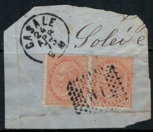 Italy #27 pair used on piece  CV $8.50+  Casale April 24, 1873 cancellation