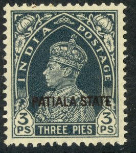 INDIA ICS PATIALA 1937-38 KGVI 3p Slate Portrait Issue Sc 80 MH