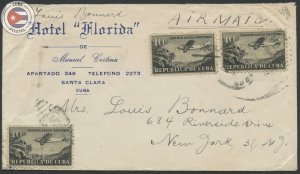 Cuba 1946 Hotel Florida of Santa Clara Cover to NY | CU20397