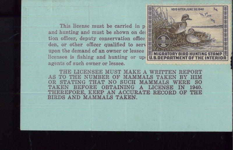 MASSACHUSETTS STATE DUCK STAMP RW6 (used) On 1939 Hunting/ Fishing License - 24