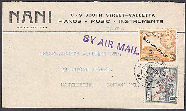 MALTA 1954 Airmail cover to London - GVI Self Govt overprints..............53806