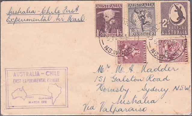 AUSTRALIA 1951 scarce experimental flight cover Sydney to Valparaiso Chile...451