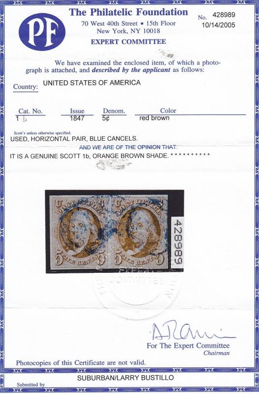 1b Pair VF used neat blue cancels PF cert nice color scv $ 2050 ! see pic !