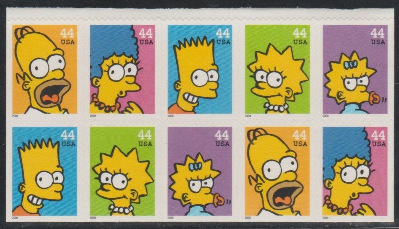 4399-4403, Block of 10 W/PL# S11111 on back. The Simpson's MNH, .44 cent