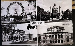 Austria. Postcard with a collage of black and white photos of four famous...