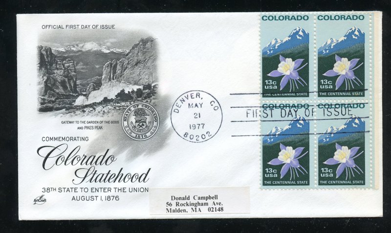 US 1711 100th Anniv Colorado Blk  ADDR ArtCraft cachet FDC