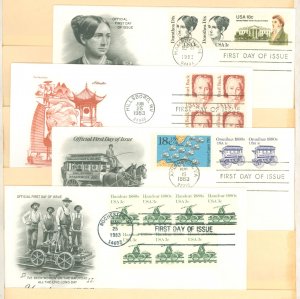 US 1844/1848/1897-1898 1983 4 different FDCs. U/A. Artcraft & 1 Artmaster cachets. Dorothea Dix. Pearl Buck. Omnibus. Handcar.