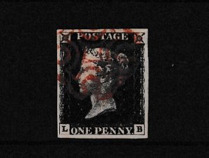 GB QV 1840 1d Penny Black 4 Margin Red Maltese Cross Plate 1b VFU BP15401