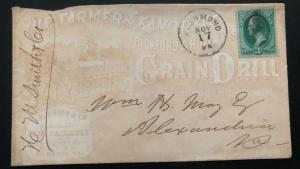 1880s Richmond VA USA Advertising Cover To Alexandria Agricultural Instruments