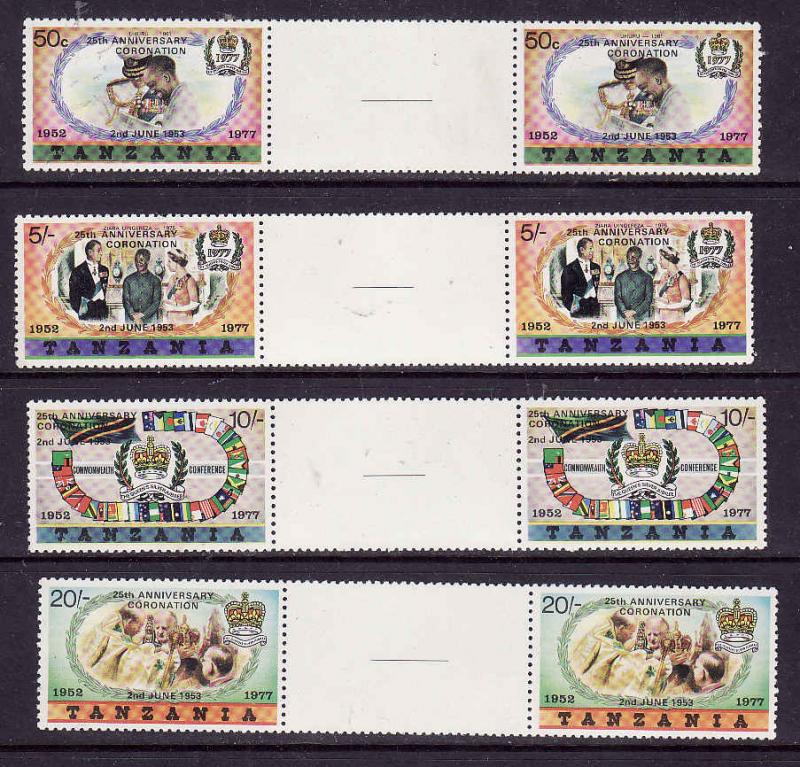 Tanzania-Sc#87-90-unused NH gutter pairs-QEII-Coronation 25th anniversary-1977-