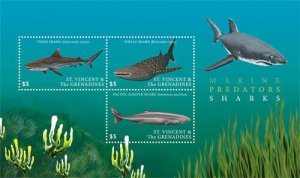 St. Vincent 2017 - Marine Predators II, Sharks, Ocean - Sheet of 3 Stamps - MNH