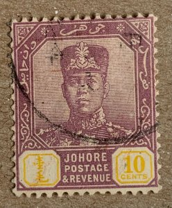 Malaya Johore 1922 10c Sultan Ibrahim, used. Scott 110, CV $0.25. SG 112