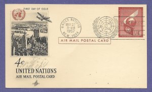 United Nations FDC 1957 AIR MAIL POSTAL CARD, 4c