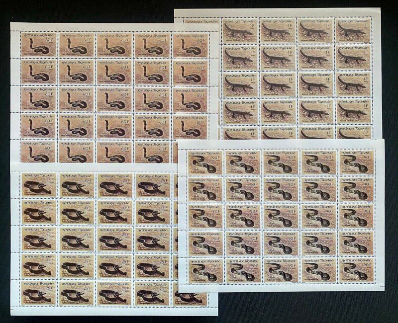 1990 Togo Full Set in Sheets Reptiles (Crocodile/Snakes) Perf.-