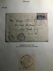 1943 Hambamtota Ceylon OAS FPO 120 Censored Cover To New York USA