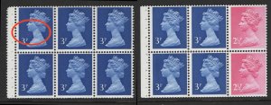 GB 1971 Machin 3p 2B FCP/PVA booklet pane of 6 unmounted mint with r1/1 retouc