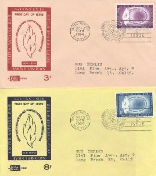 UN #47/48 HUMAN RIGHTS 1956 - Kolor Kover set of 2