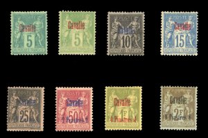 Cavalle, 1-8, $457.50, 1893-1900 5c-8pi, 10c used, rest hinged, 1fr thin