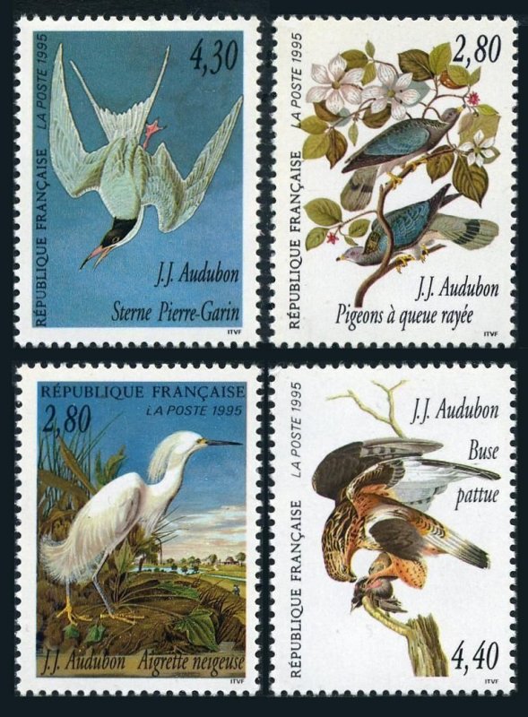 France 2462-2465,2465a,MNH. The Legacy of John J.Audubon,1995.Snowy egret,Pigeon