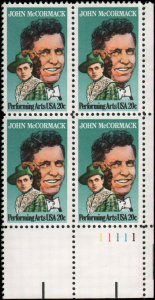 1984 John McCormack Film Plate Block of 4 20c Postage Stamps, Sc# 2090, MNH, OG