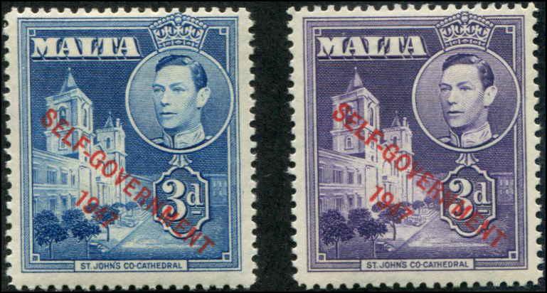 Malta SC# 214, 239 SG# 240, 240a  o/p Self Government 1947 3d MLH