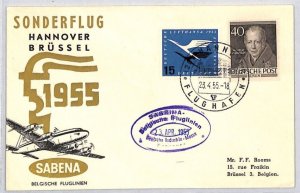 GERMANY Air Mail SABENA SPECIAL FLIGHT Hannover Belgium Brussel 1955 Cover ZD246