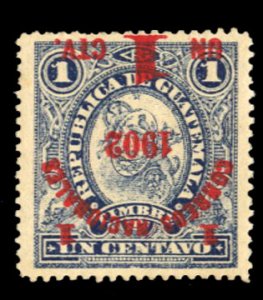 Guatemala #111b Cat$20, 1902 1c on 1c dark blue, surcharge inverted hinged