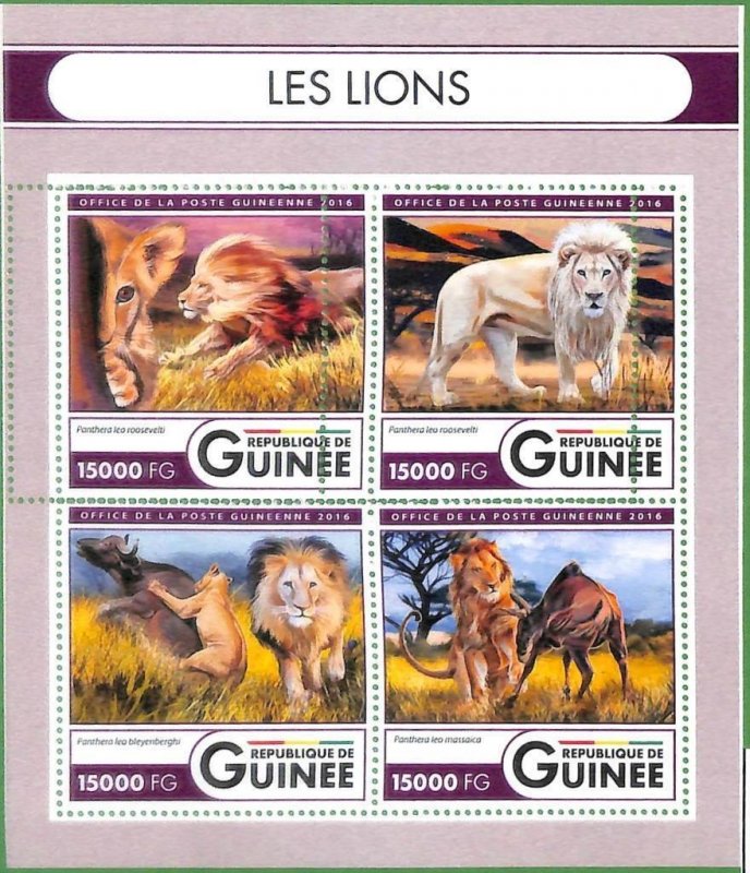 A0644 -  GUINEE Guinea -  ERROR   MISSPERF SHEET - FAUNA Animals : LIONS 2016