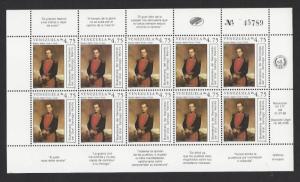 VENEZUELA 1988 General Santiago Marino Sc No. 1419 in Miniature Sheet of 10 MNH