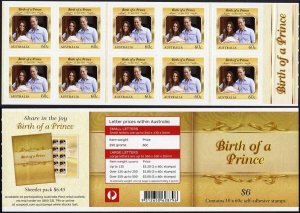 Australia SG4028a 60c Birth of a Prince Royal Baby George booklet pane U/M