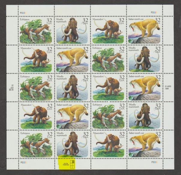 U.S.  Scott #3077-3080 Prehistoric Animals- Highlighted UR Plate - Mint NH Sheet