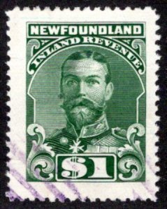 van Dam NFR25, $1  green, Used, Inland Revenue, KGV, Newfoundland, Canada