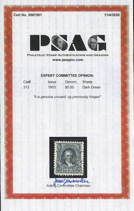 Scott #313 XF-OG-LH. Phenomenal Showpiece! With 2020 PSAG certificate