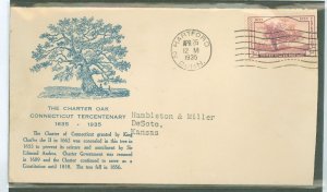 US 772 1935 3c Connecticut Tercentennary (Charter Oak) on an addressed (typed) FDC with a Hartford Indemnity (1st) cachet