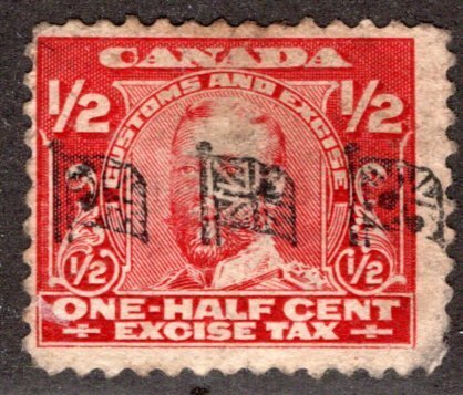 van Dam FX2b - 1/2 carmine, FLAGS Precancel, used, George V Excise Tax, Canada