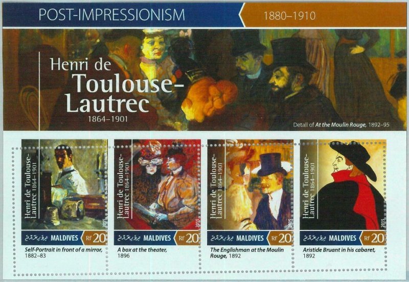 A0998 - MALDIVES, ERROR, MISPERF, Miniature sheet: 2015 de Toulouse-Lautrec, Art